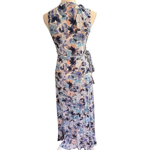 Poupette St Barth Gwen Wrapped Blue Mariposa Butterfly Flutter Maxi Dress S - Picture 2 of 7